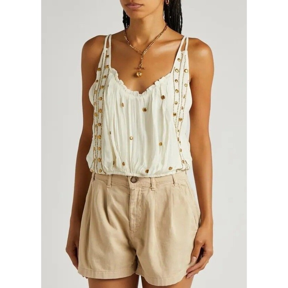Free People Vigro Tank Top Cropped Pleated Studded Embellished Ivory L 284718